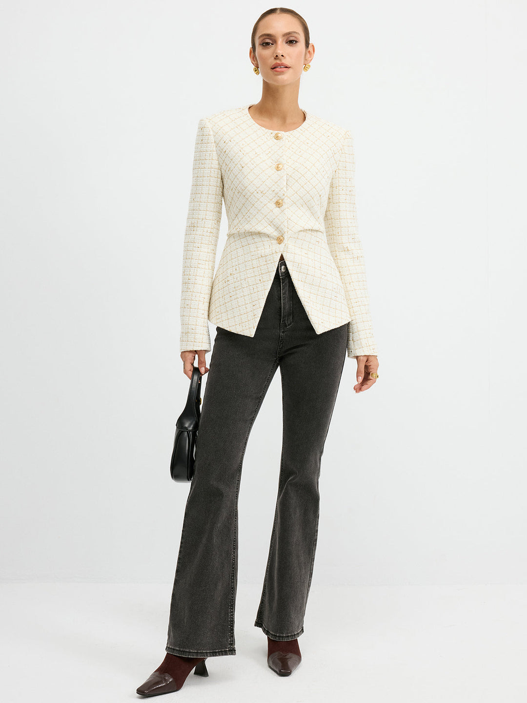 Tweed Round Neck Waist-Cinching Blazer