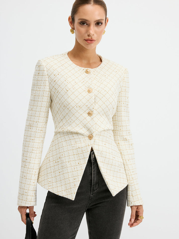 Tweed Round Neck Waist-Cinching Blazer