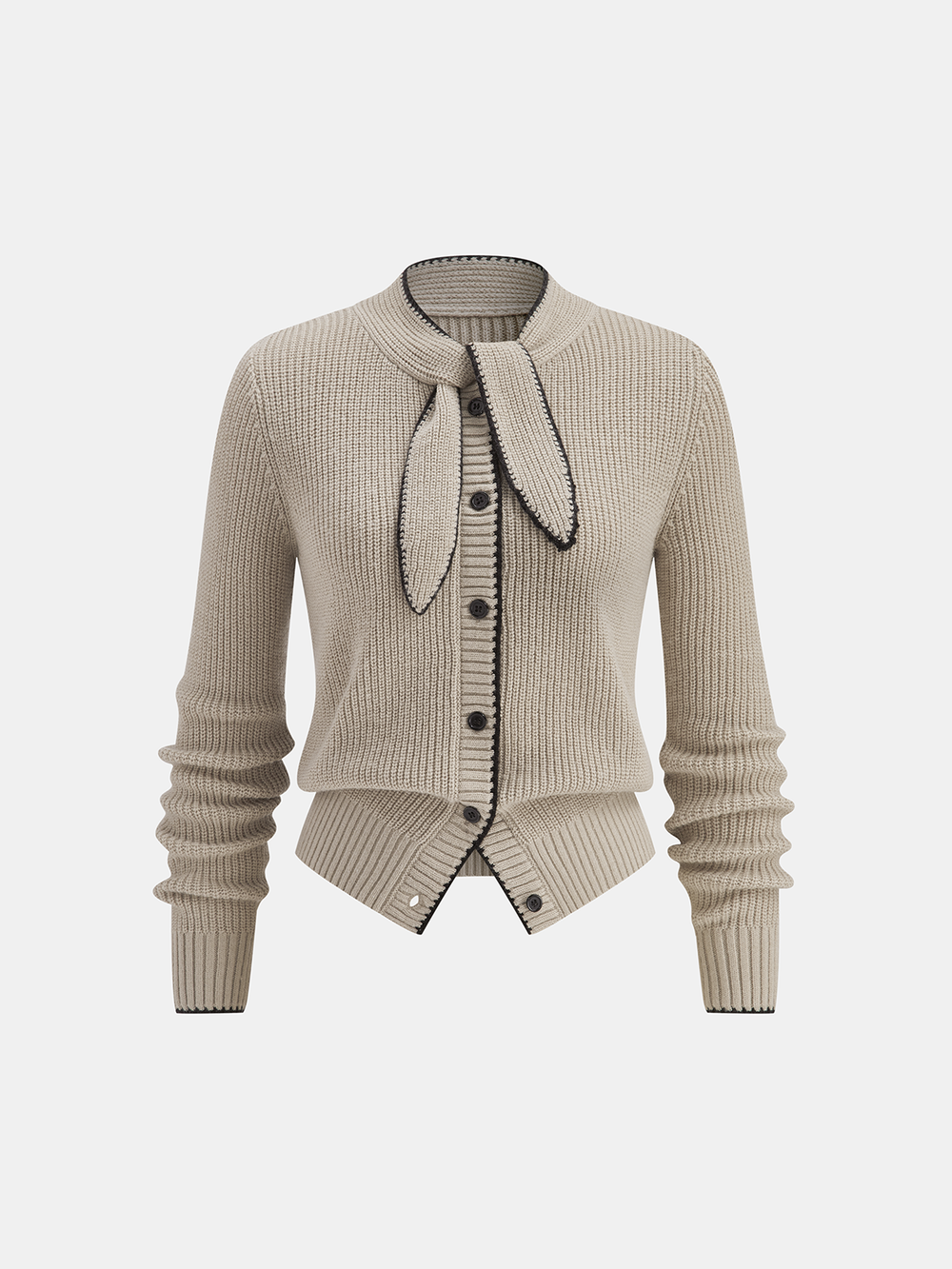 Tie Neck Contrast Trim Wool Blend Cardigan — women's cardigans, back view