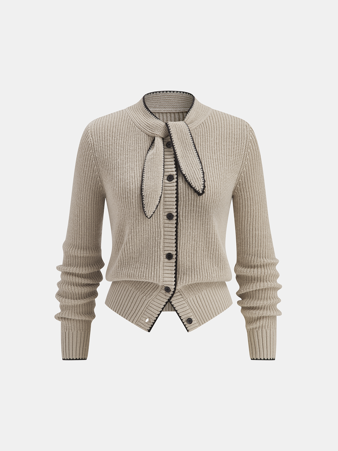 Tie Neck Contrast Trim Wool Blend Cardigan - women's cardigan, back view