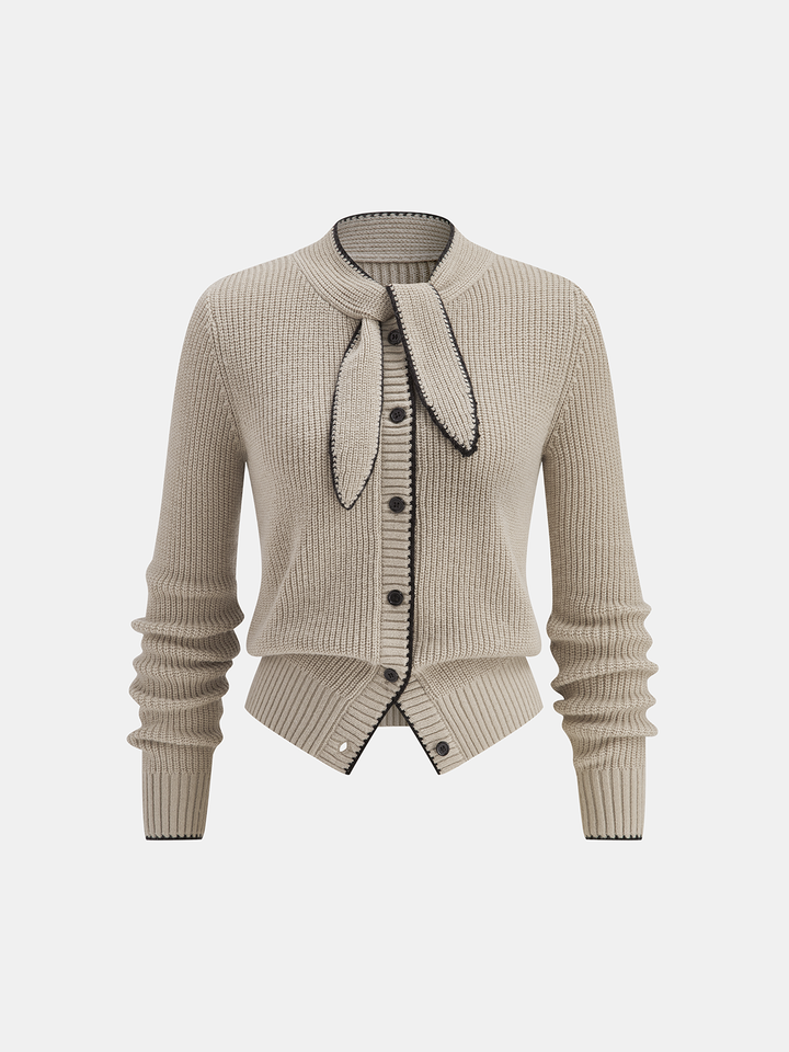 Tie Neck Contrast Trim Wool Blend Cardigan