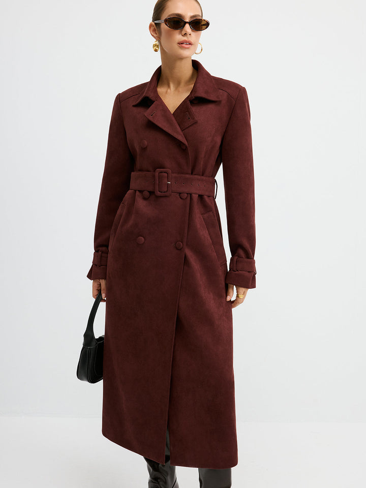 Suede Effect Double-Breasted Long Trench Coat