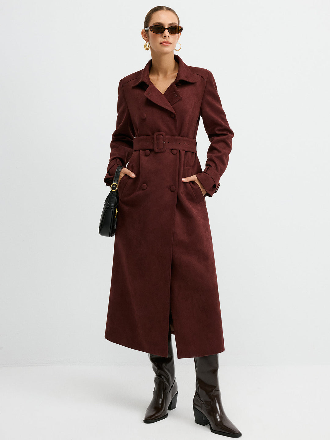 Suede Effect Double-Breasted Long Trench Coat