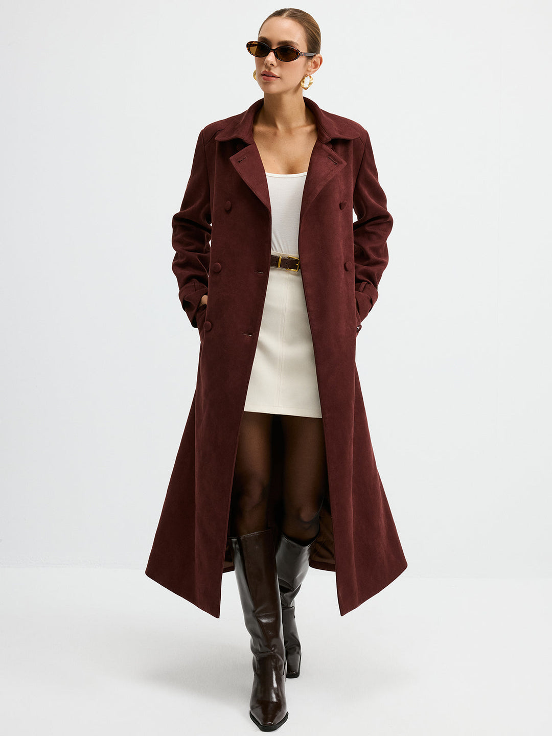 Suede Effect Double-Breasted Long Trench Coat