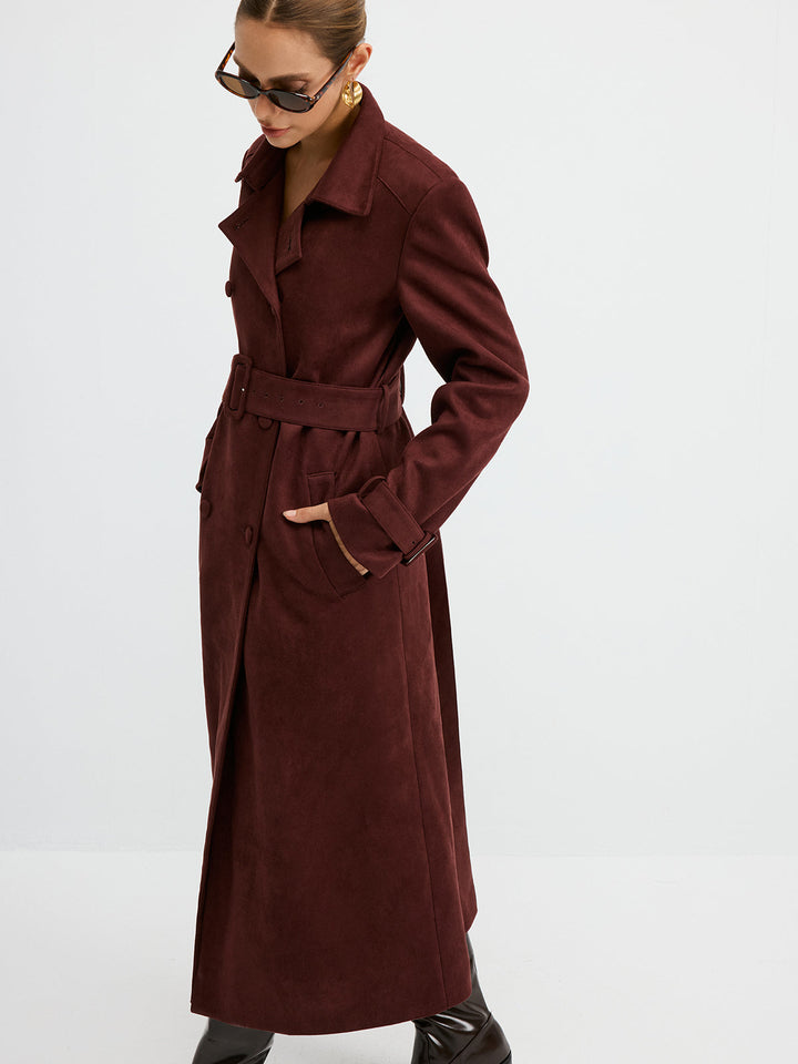 Suede Effect Double-Breasted Long Trench Coat