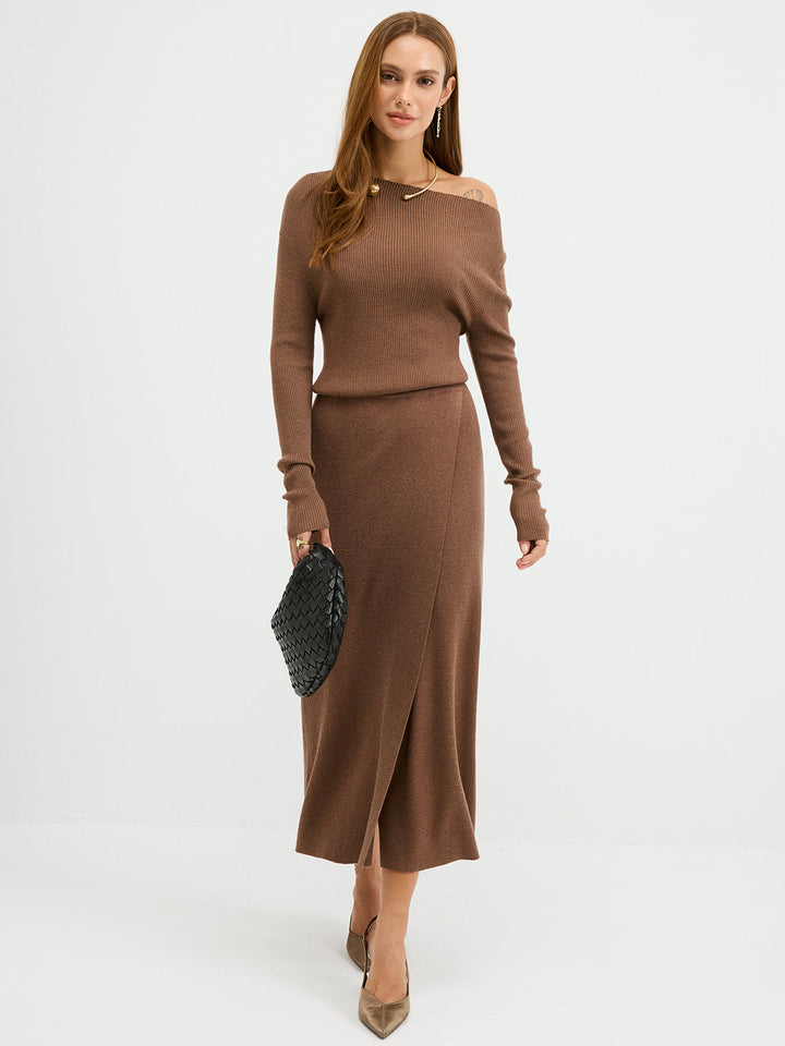 Off-Shoulder Ribbed Wool Blend Maxi Dress