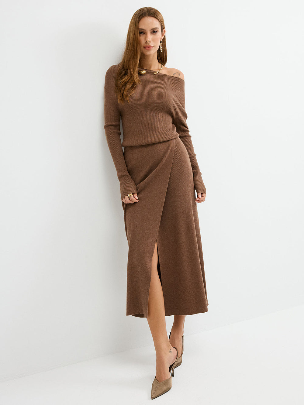 Off-Shoulder Ribbed Wool Blend Maxi Dress — women's sweater dresses, back view