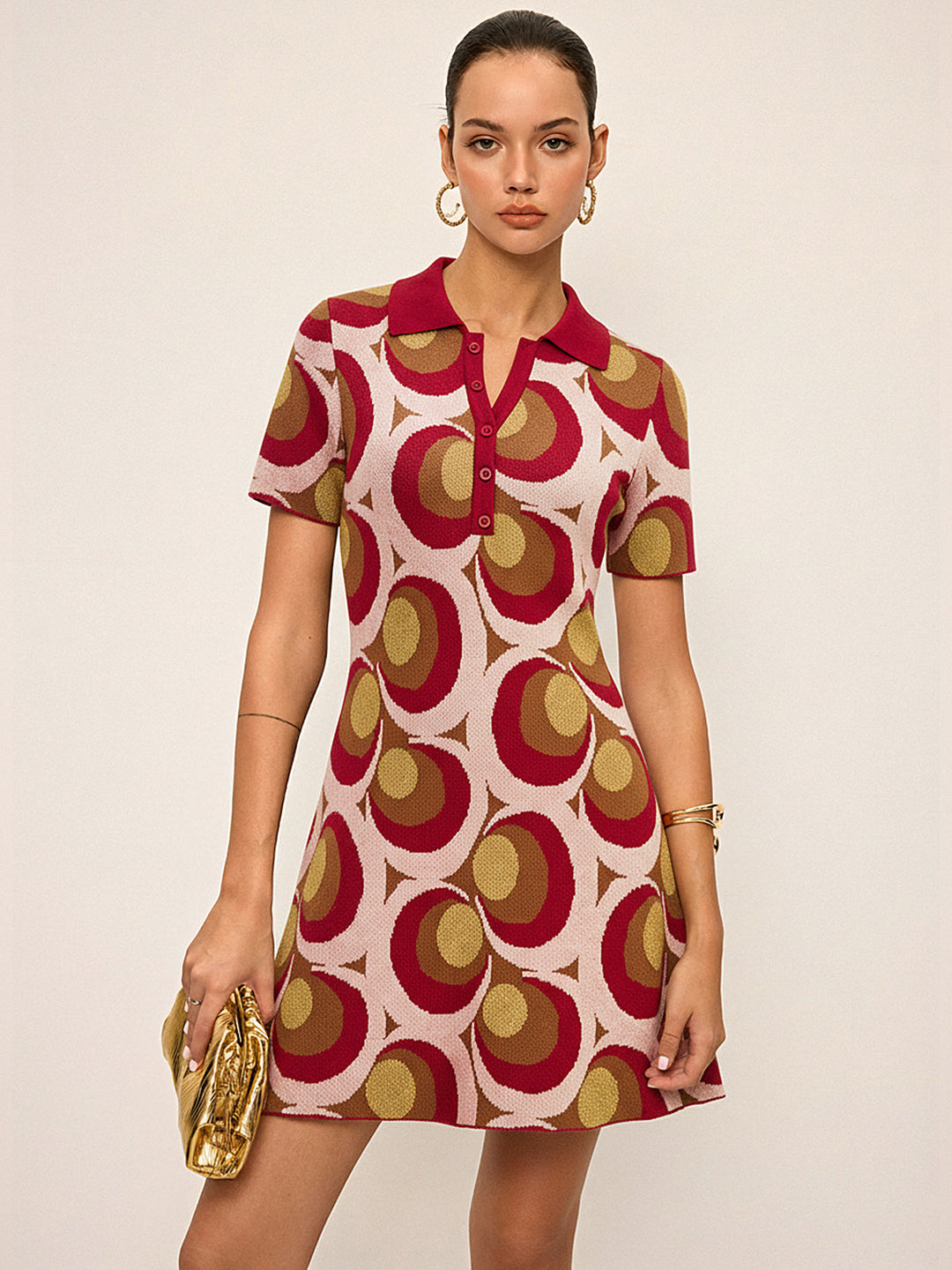 Vintage Print Polo Collar Sweater Dress