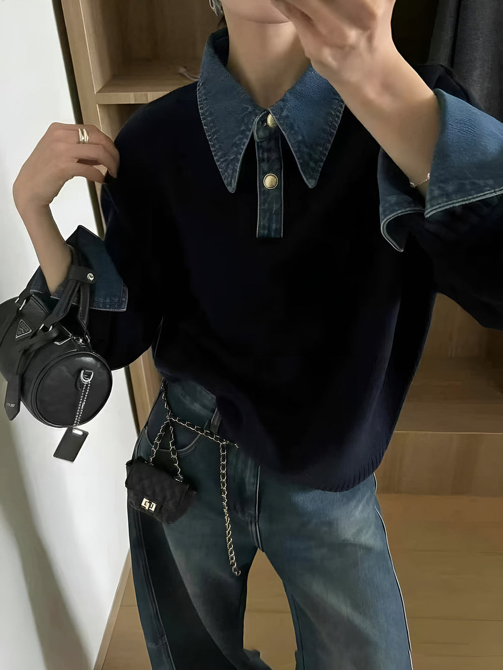 2 in 1 Panel Lapel Relaxed Sweater — women's sweaters, back view