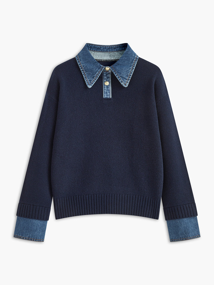 2 in 1 Panel Lapel Relaxed Sweater - women's sweater, front view