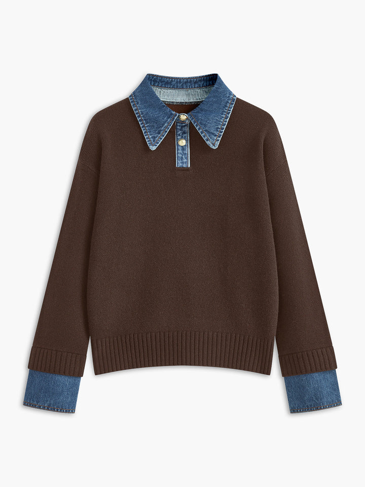 2 in 1 Panel Lapel Relaxed Sweater - women's sweater, neckline detail
