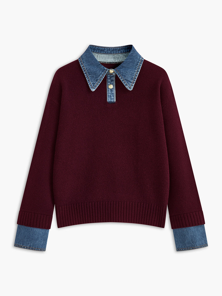 2 in 1 Panel Lapel Relaxed Sweater - women's sweater, sleeve detail