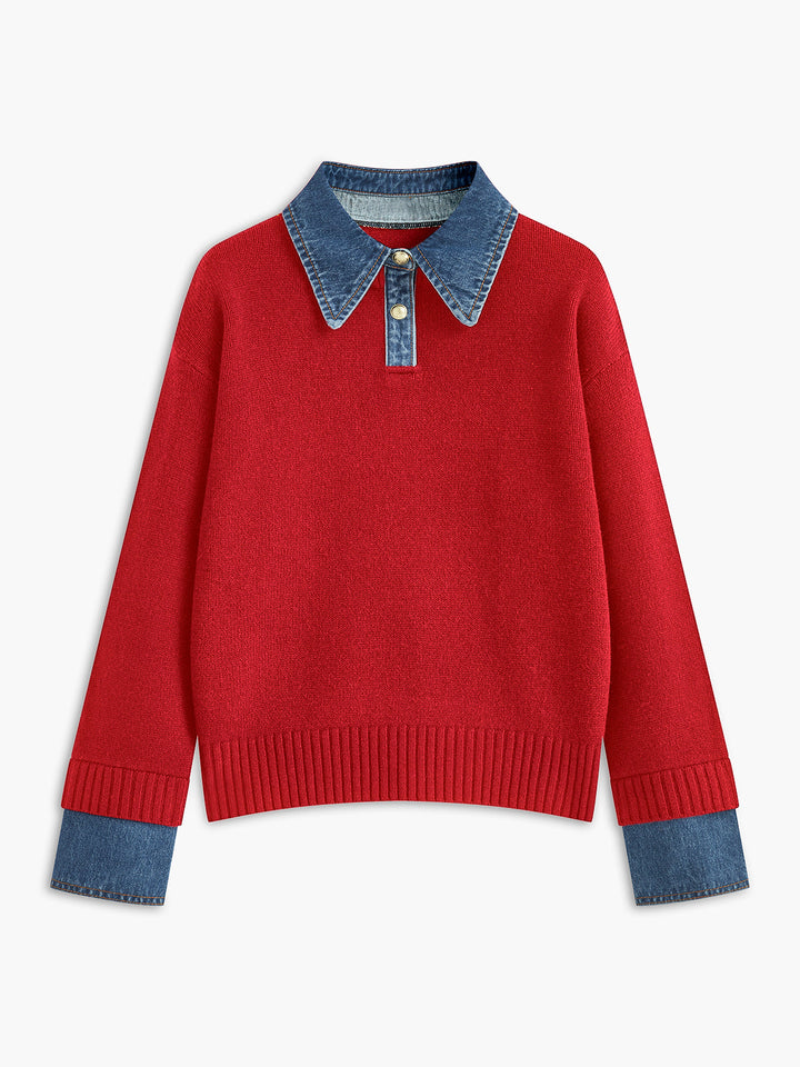2 in 1 Panel Lapel Relaxed Sweater - women's sweater, model wearing it, three-quarter view
