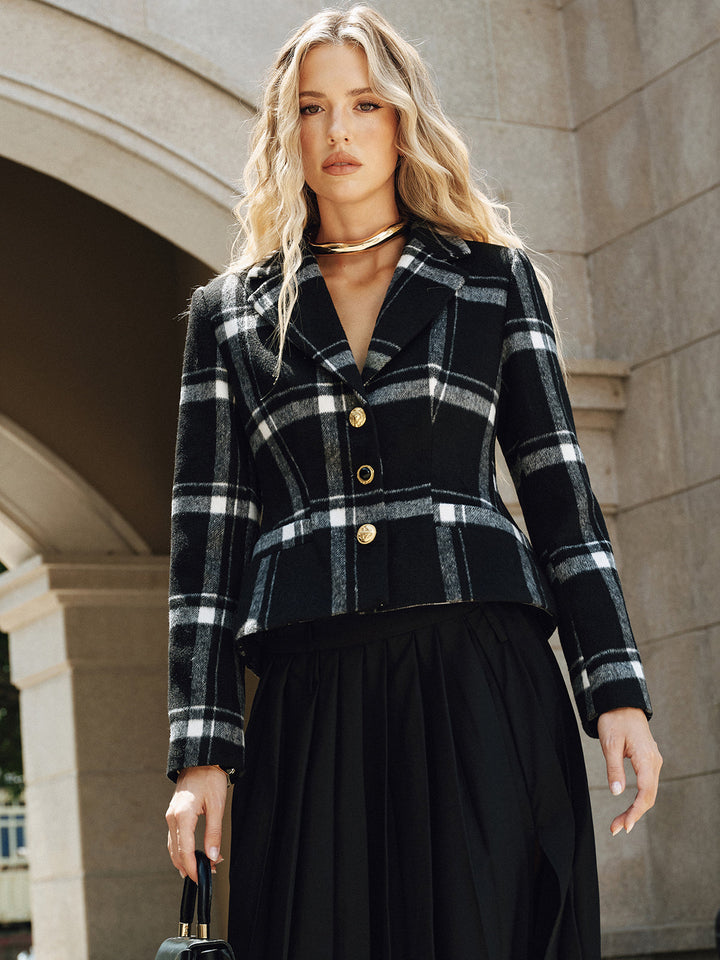 Plaid Wool Blend Blazer - women's blazer, detail close-up