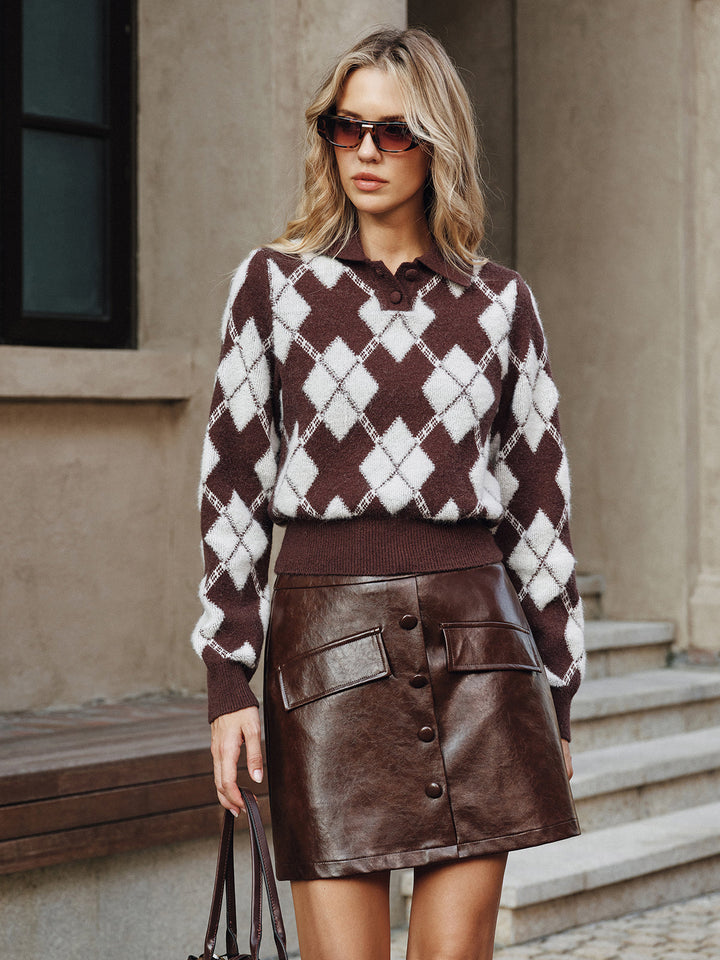 Argyle Pattern Collared Sweater - women's sweater, side view