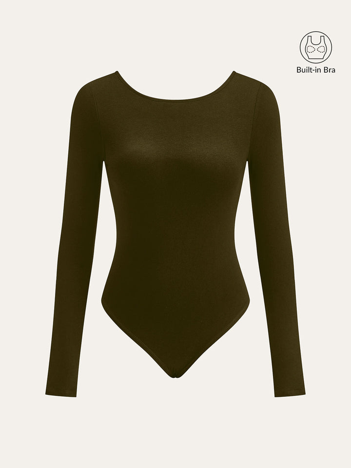 Bra-Free Long Sleeve Backless Bodysuit - women's bodysuit, model wearing it, three-quarter view