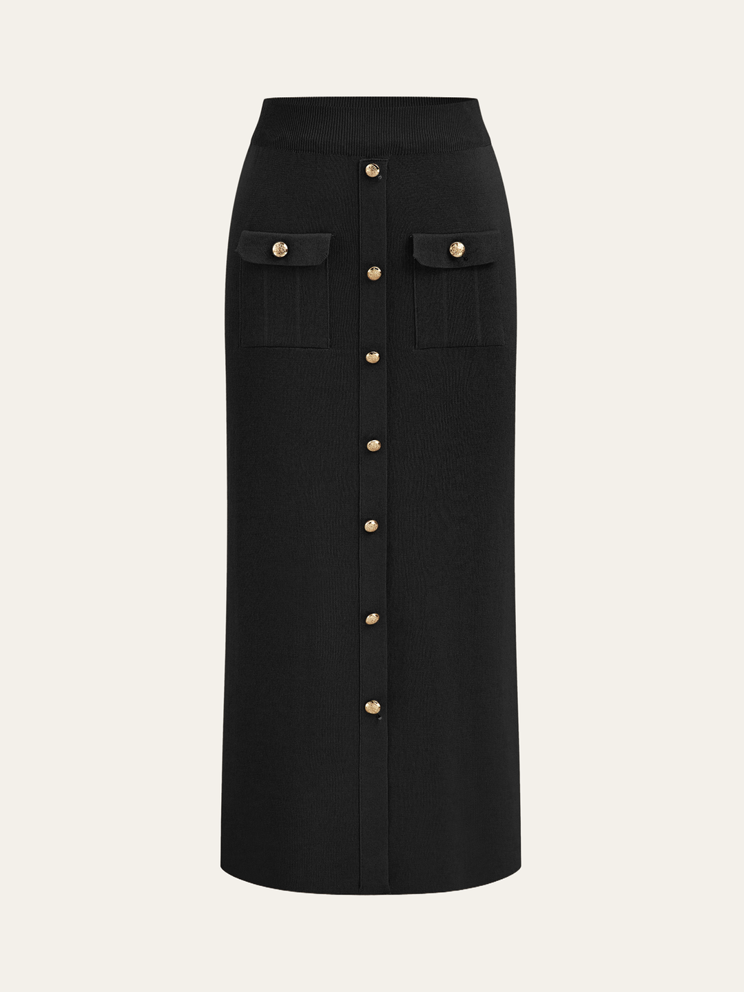 Metal Button Collared Cardigan and Midi Skirt Set - women's knit two-piece set, front view