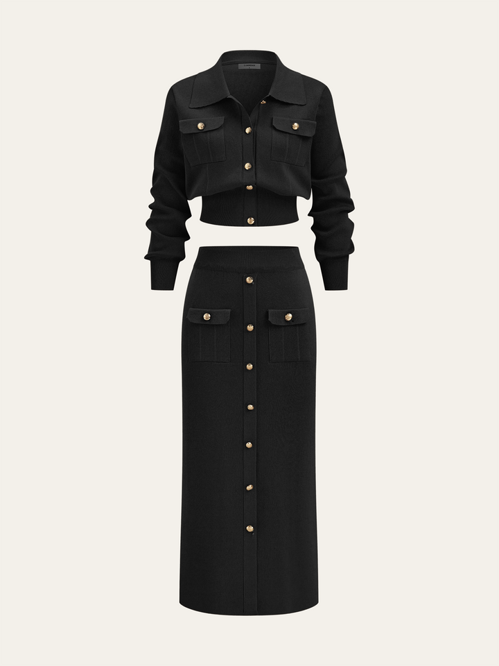 Metal Button Collared Cardigan and Midi Skirt Set