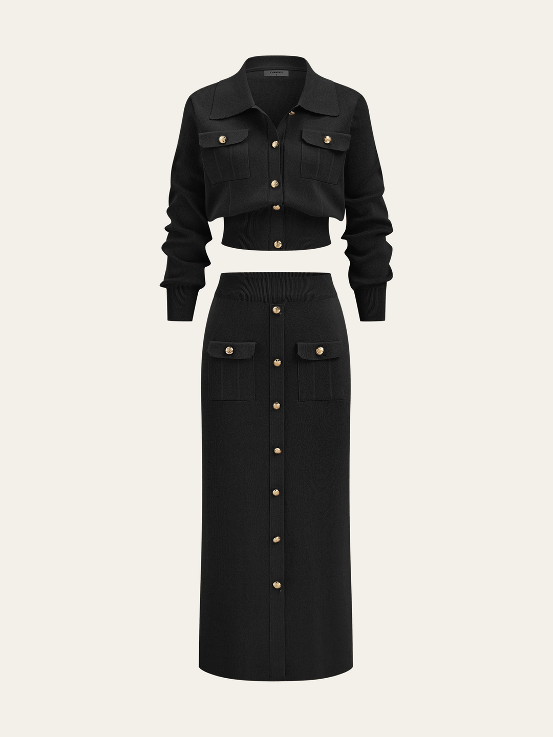 Metal Button Collared Cardigan and Midi Skirt Set - women's two-piece skirt set, styled with heels