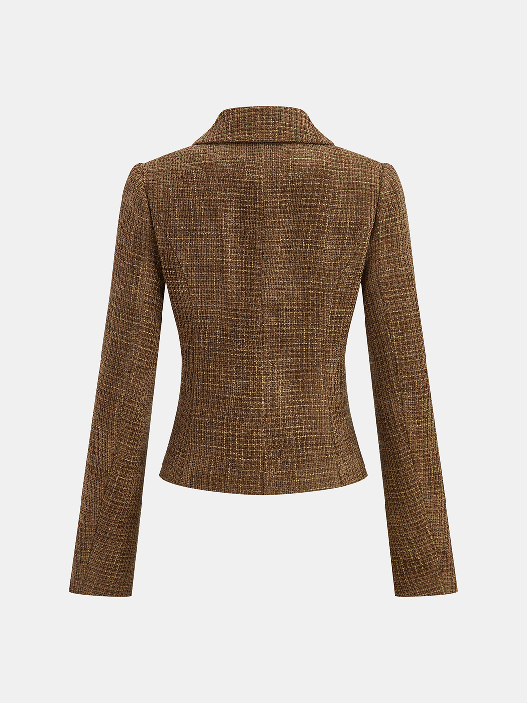 Back view of fitted brown boucle tweed jacket with slim sleeves and waist seams