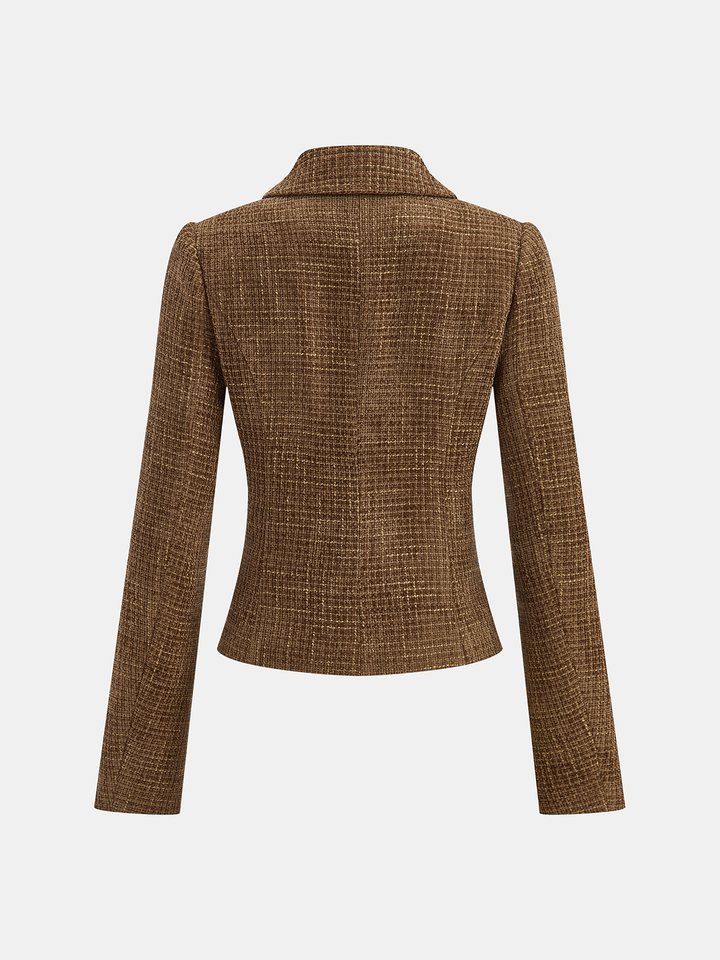 Back view of fitted brown boucle tweed jacket with slim sleeves and waist seams