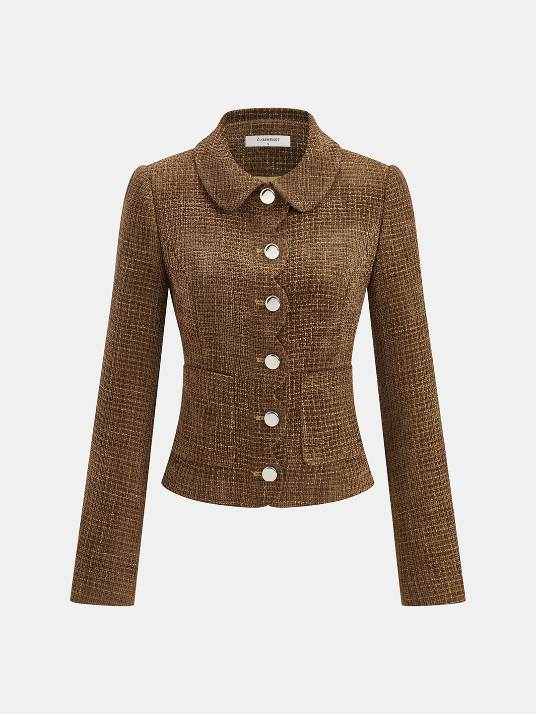 Front product shot of brown tweed jacket with scalloped placket and rounded collar