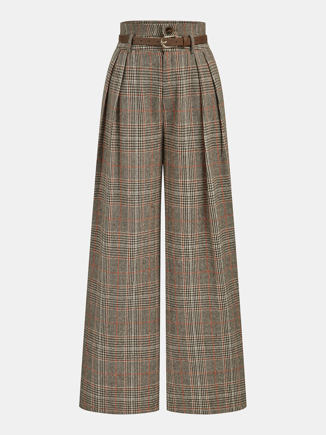 Belted Plaid High-Waisted Pants — women's pants, front view
