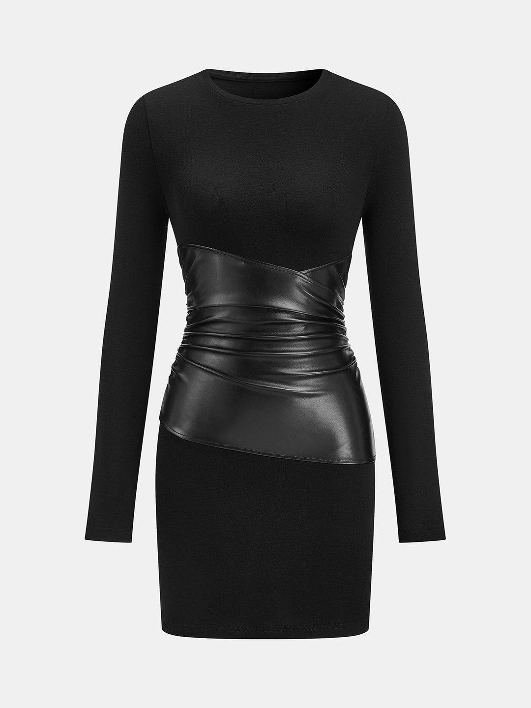 PU Leather Panel Long Sleeve Knit Dress — women's dresses, front view
