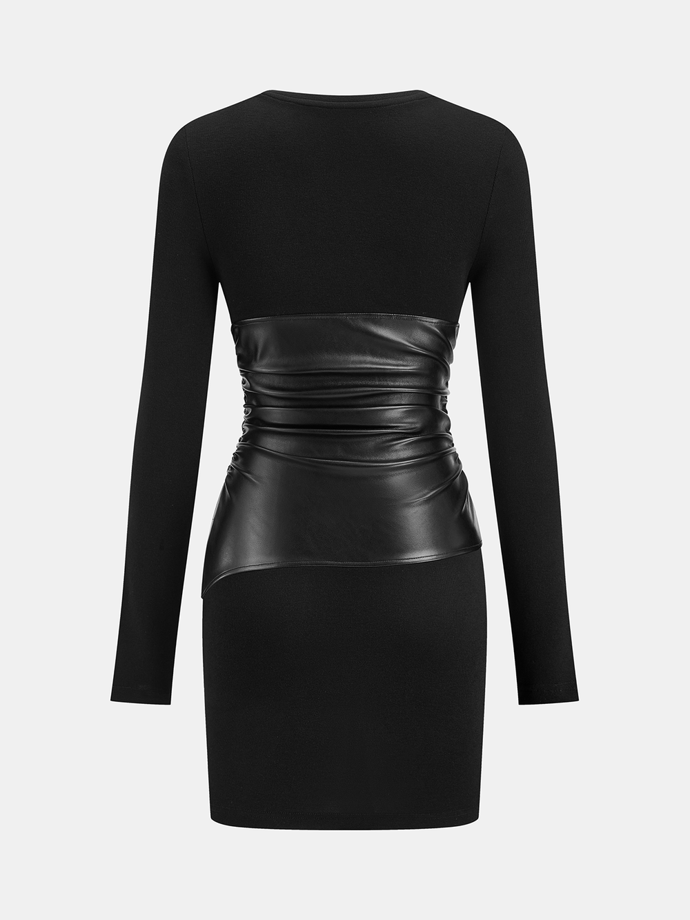 PU Leather Panel Long Sleeve Knit Dress — women's dresses, back view