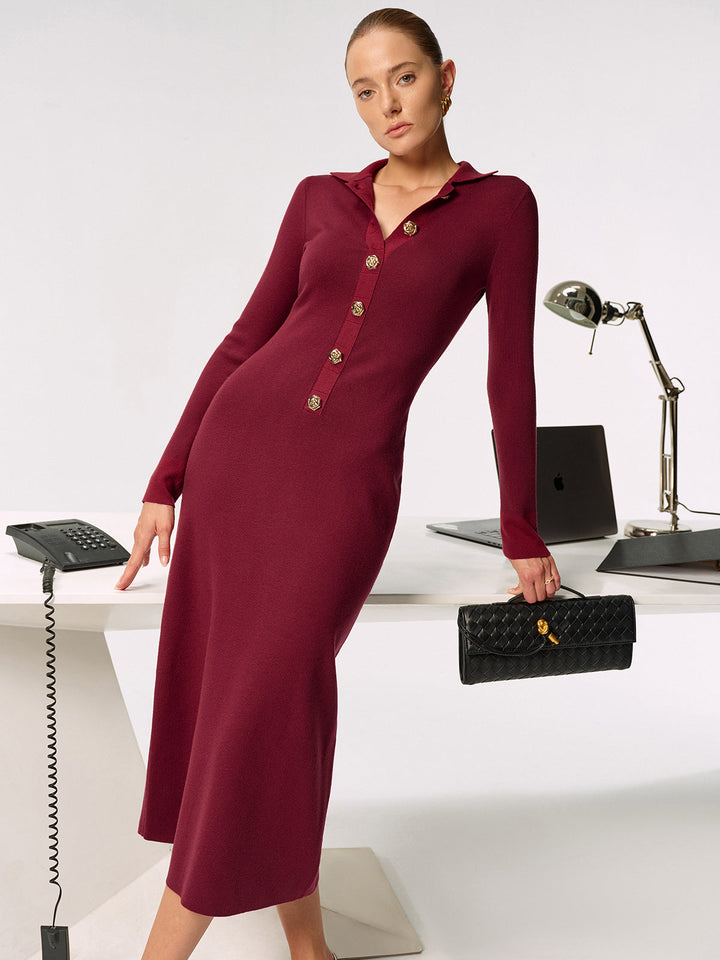 Shirt Collar Metal Button Knit Maxi Dress