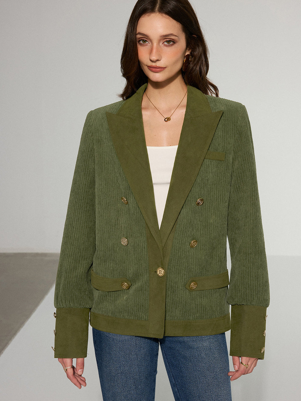 Corduroy Lapel Metal Button Blazer — women's blazers, back view