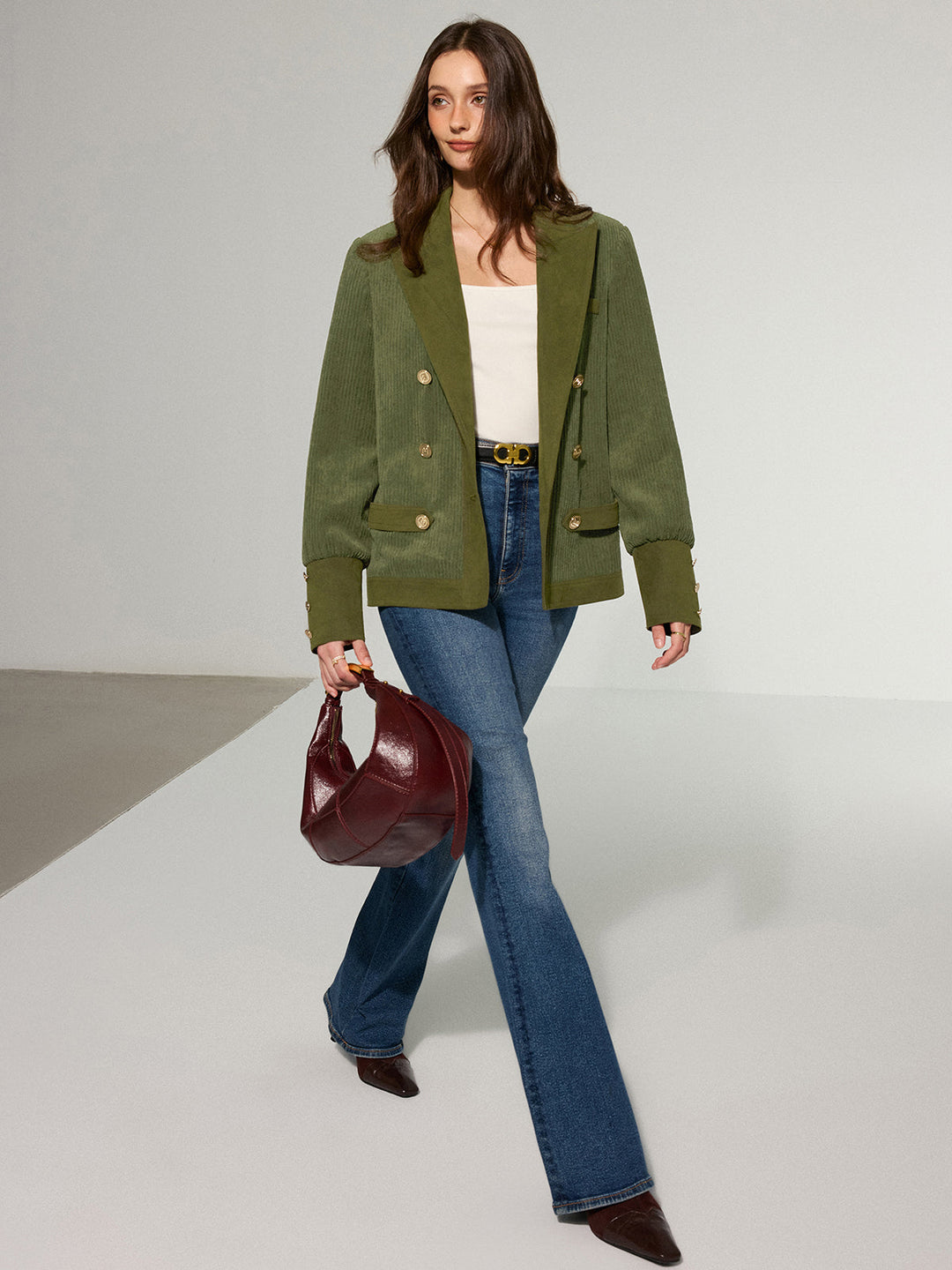 Corduroy Lapel Metal Button Blazer — women's blazers, front view