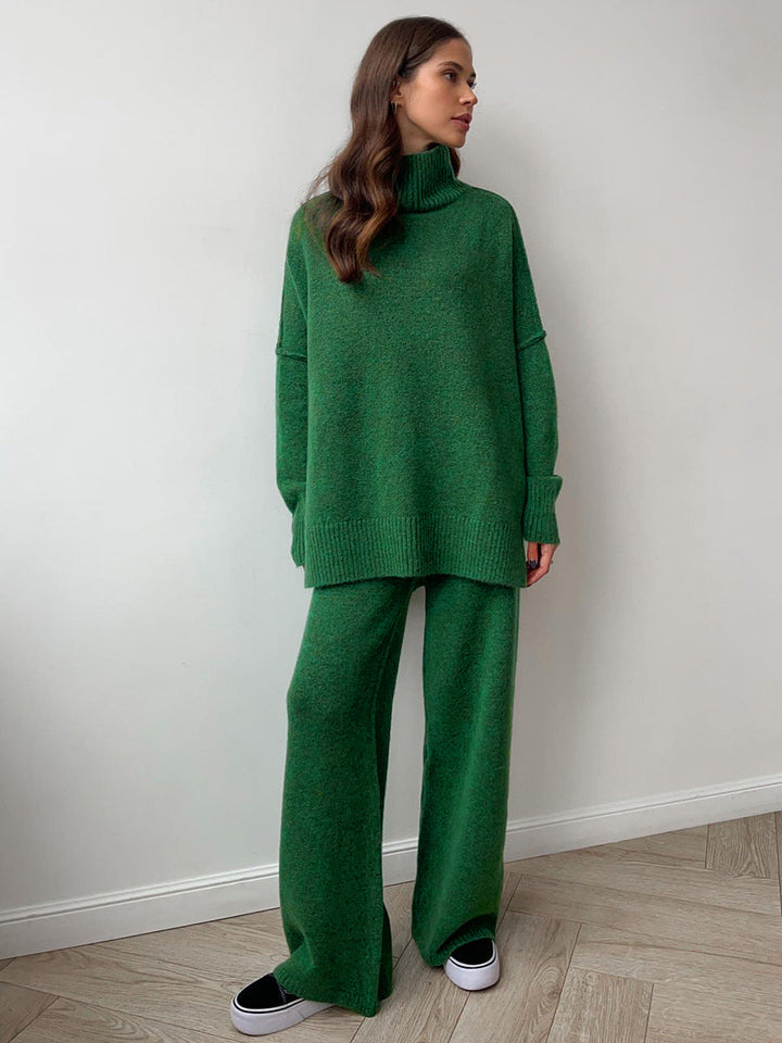 Plain Turtleneck Knit Pants Set - women's knit two-piece set, back view