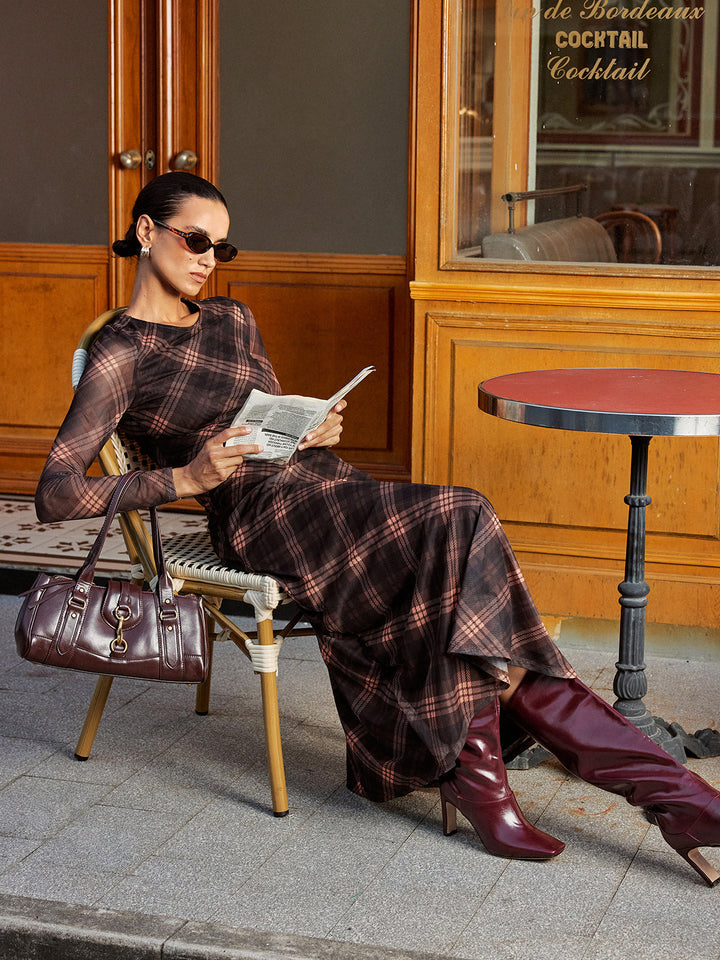 Plaid Mesh Long Sleeve Maxi Dress