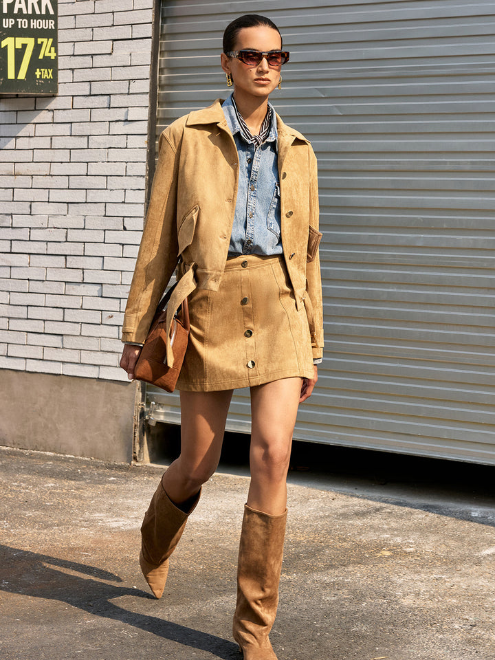 Khaki suede jacket and matching mini skirt worn as a street style co-ord