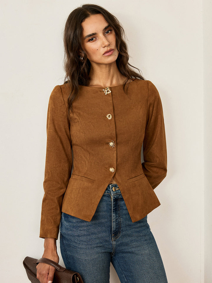 Suede Effect Fitted Metal Button Jacket