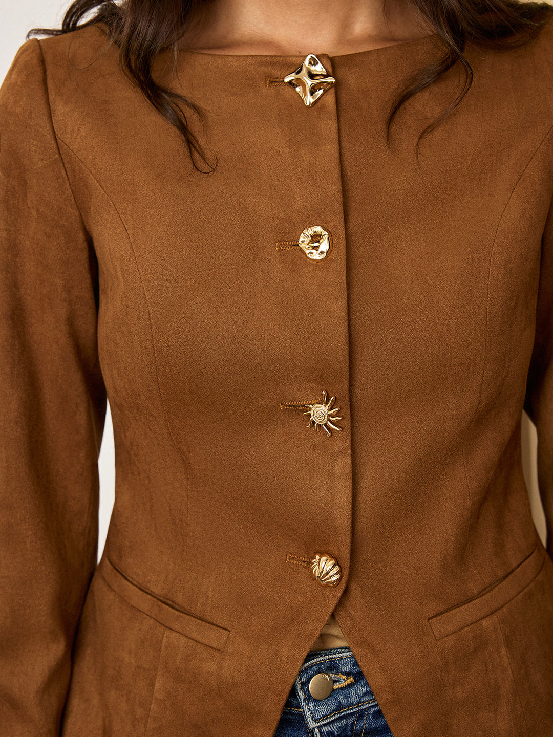 Suede Effect Fitted Metal Button Jacket