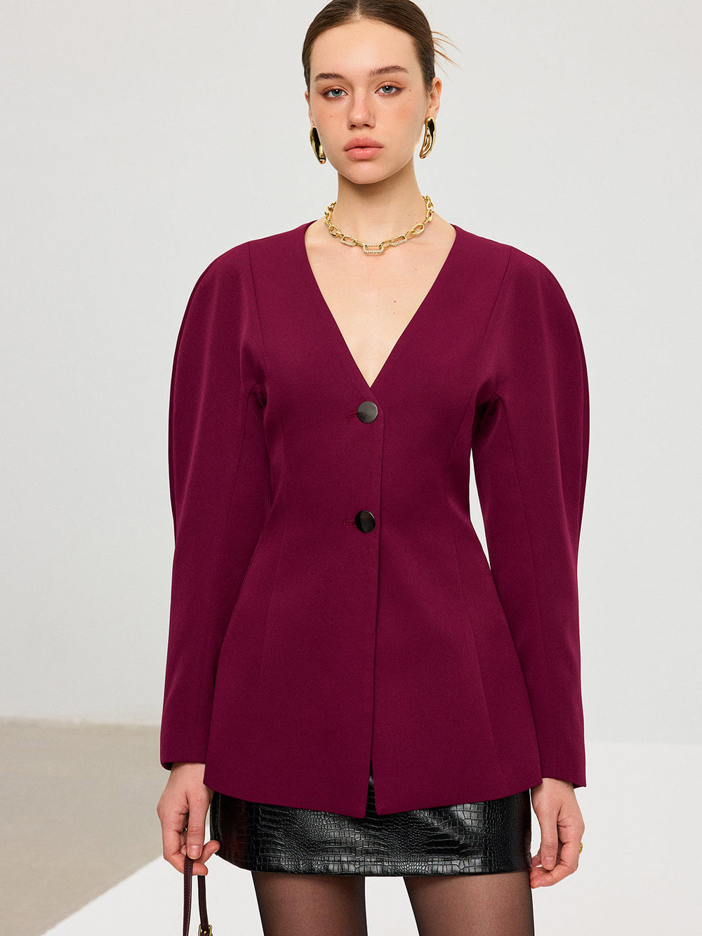 Puff Sleeve V-Neck Blazer — women's blazers, back view