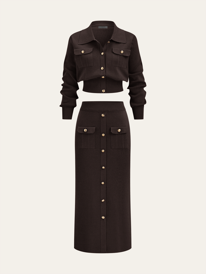 Metal Button Collared Cardigan and Midi Skirt Set - women's two-piece skirt set, hem detail