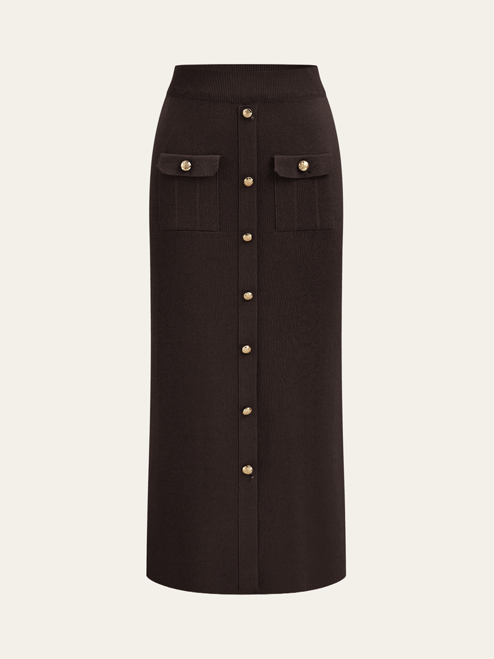 Metal Button Collared Cardigan and Midi Skirt Set - women's two-piece skirt set, close-up of the fabric texture
