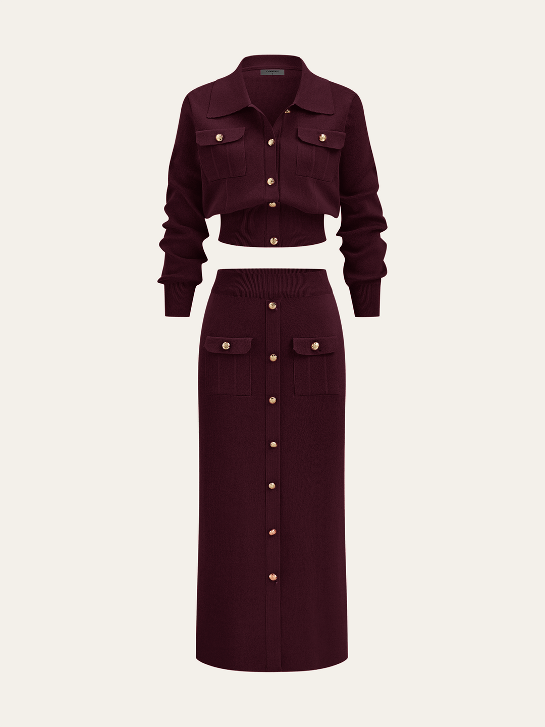 Metal Button Collared Cardigan and Midi Skirt Set - women's knit two-piece set, full-length styled look