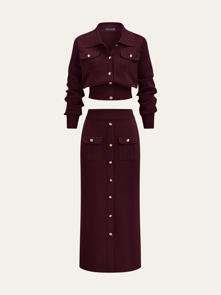 Metal Button Collared Cardigan and Midi Skirt Set - women's two-piece skirt set, flat lay