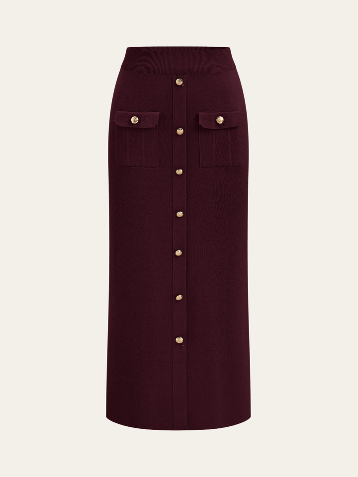 Metal Button Collared Cardigan and Midi Skirt Set - women's knit two-piece set, neckline detail
