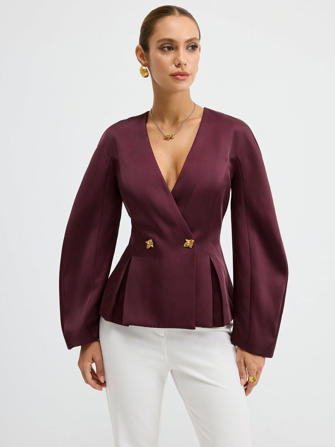 Metal Button Puff Sleeve Peplum Blazer — women's blazers, front view