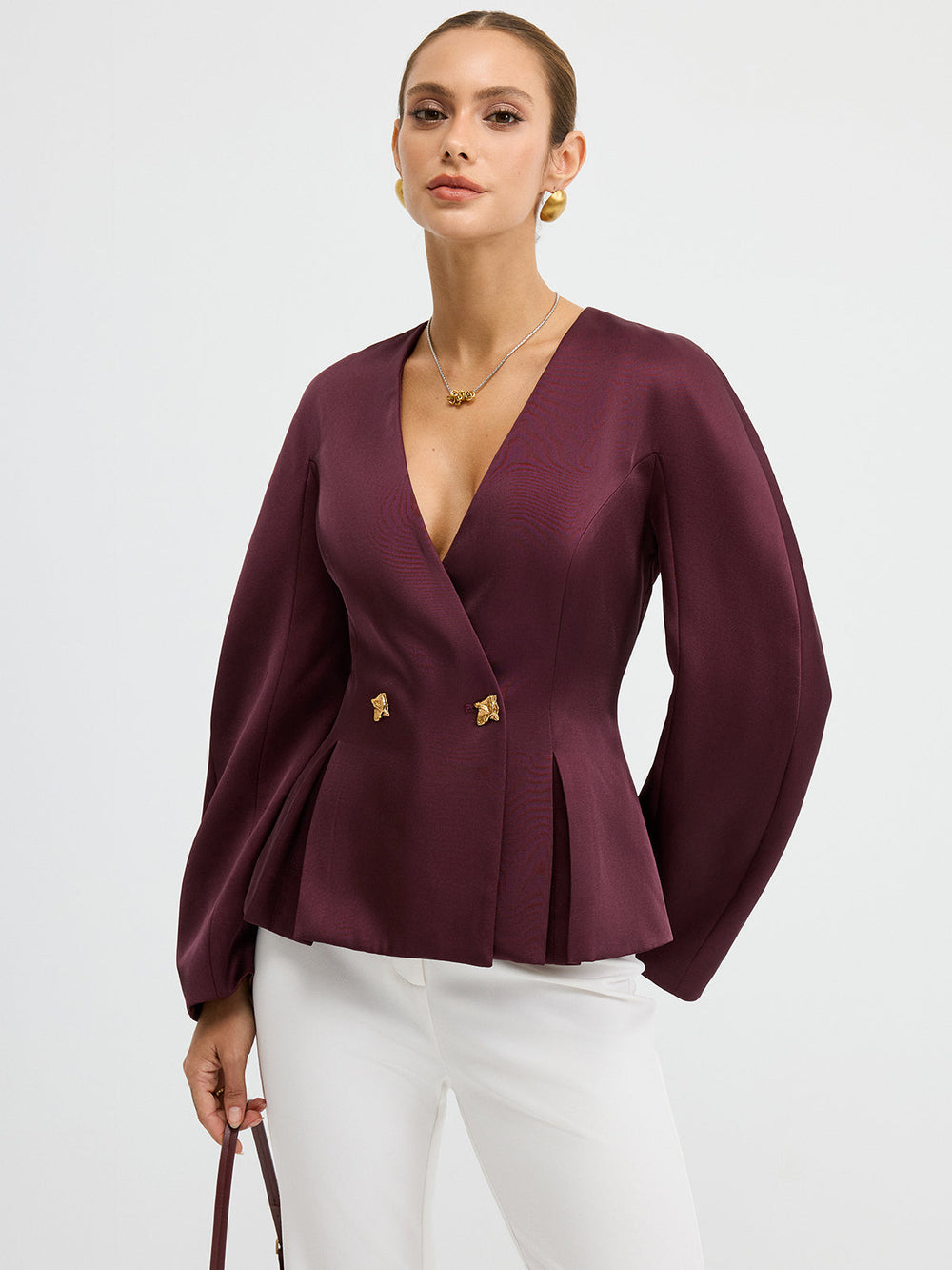Metal Button Puff Sleeve Peplum Blazer — women's blazers, back view