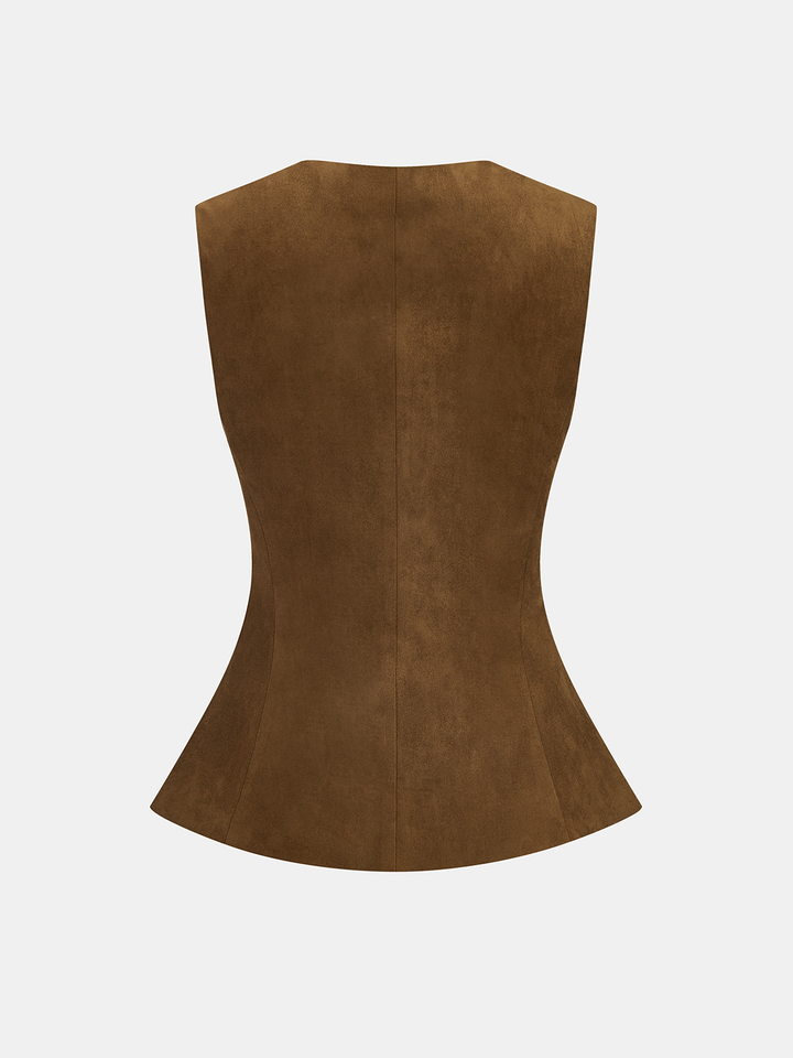 Back view of the tan suede sleeveless vest with flared peplum hem