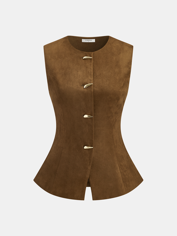 Front view of brown suede effect vest with silver teardrop metal buttons