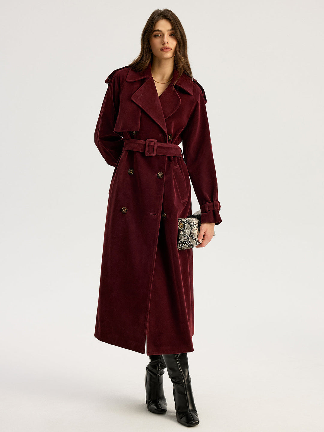 Belted Double-Breasted Suede Effect Long Trench Coat