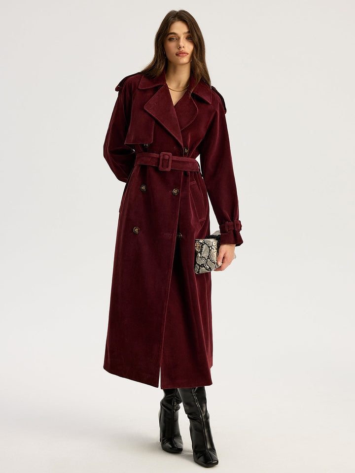 Belted Double-Breasted Suede Effect Long Trench Coat