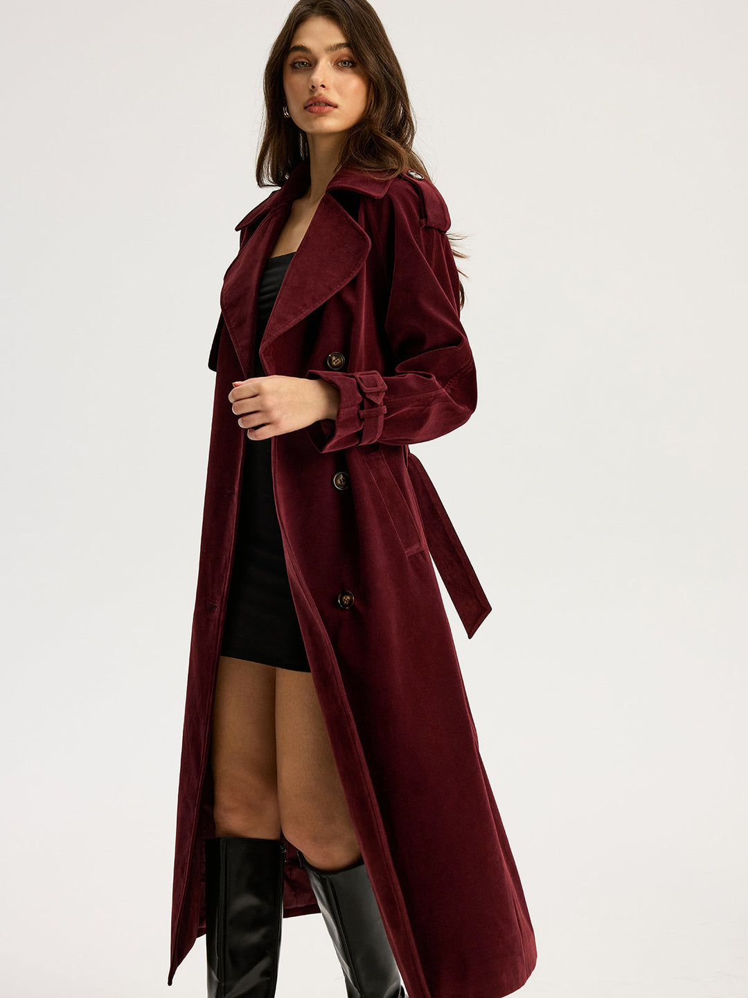 Belted Double-Breasted Suede Effect Long Trench Coat